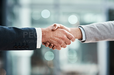 Buy stock photo Business people, handshake and partnership meeting, welcome and introduction or job agreement and success. Professional man, partner or corporate clients shaking hands in thank you, interview or deal