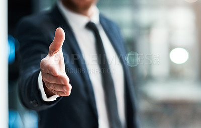 Buy stock photo Handshake, offer and success of business man partnership, agreement or introduction, hiring and welcome. Professional person shaking hands in pov meeting, crm deal or congratulations and thank you