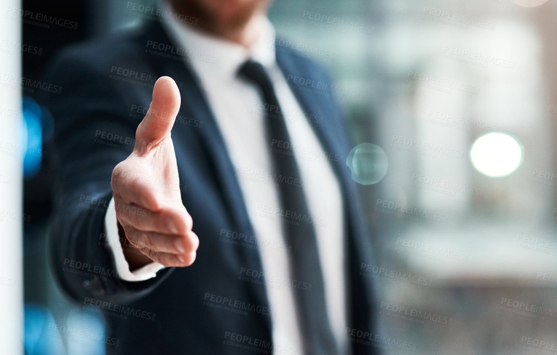 Buy stock photo Handshake, offer and success of business man partnership, agreement or introduction, hiring and welcome. Professional person shaking hands in pov meeting, crm deal or congratulations and thank you