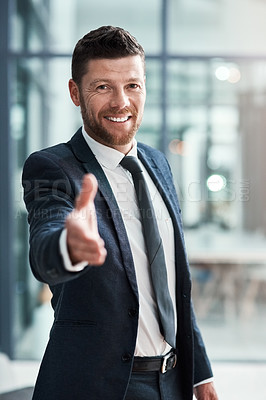 Buy stock photo Business man, portrait and handshake offer for job success, agreement or introduction, hiring and welcome. Happy person shaking hands in pov meeting, night deal or congratulations and thank you sign