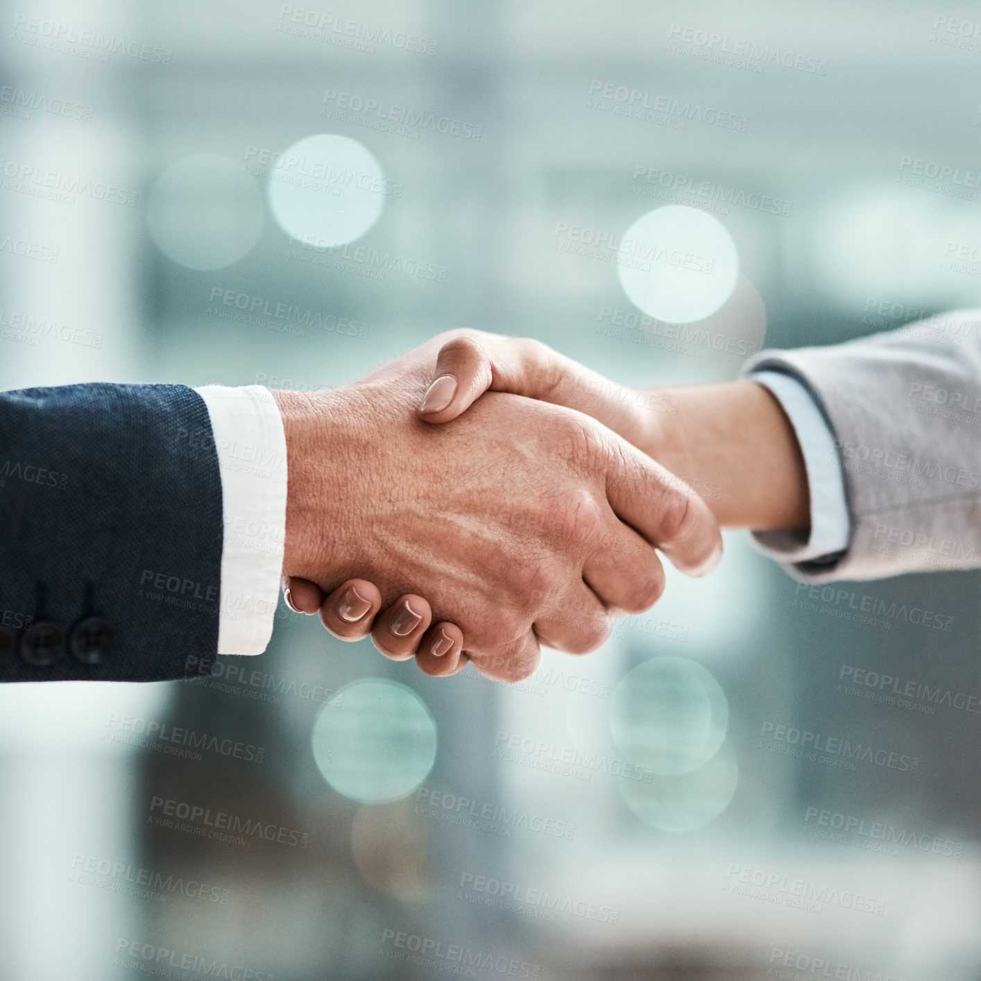 Buy stock photo Business people, handshake and corporate meeting, welcome and introduction or lawyer agreement and success. Professional man, partner or clients shaking hands in thank you, interview or legal deal