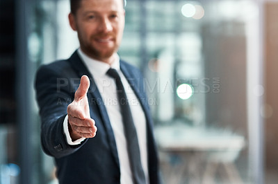 Buy stock photo Handshake, offer and portrait of professional man for success, agreement or introduction, hiring and welcome. Business person shaking hands in pov meeting, night deal or congratulations and thank you