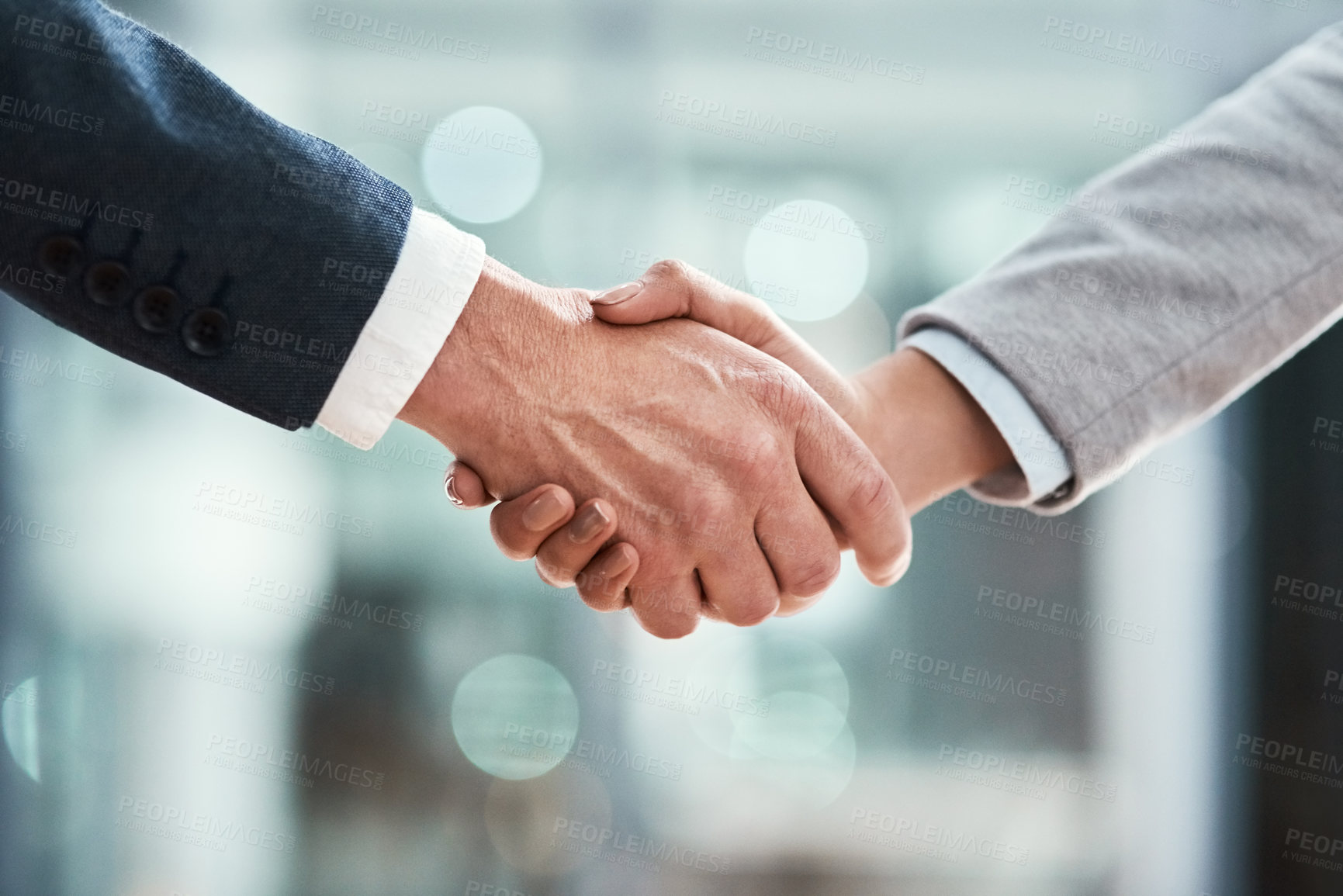 Buy stock photo Business people, partner or handshake in meeting, corporate welcome and introduction or lawyer agreement and success. Professional worker or clients shaking hands for b2b, job interview or legal deal