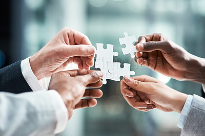 Buy stock photo Puzzle, teamwork or group of people hands for solution, business goals and integration of workflow or success. Team building, games and development of person problem solving, synergy or collaboration