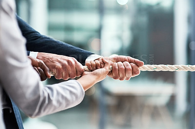 Buy stock photo Hands, teamwork and rope with business people grabbing during a game of tug of war in the office. Collaboration, help or strength with a team of employees or colleagues pulling an opportunity at work