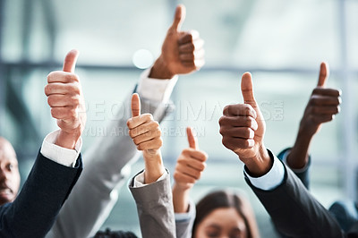 Buy stock photo Success, thumbs up and teamwork of people with thank you, support or group hands for vote, yes or like emoji. Great, ok and business women, men or winner with team work, thanks or winning sign in air