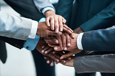 Buy stock photo Teamwork, business people and hands stacked for support, target or team building, collaboration goals and group. Circle, diversity and business women and men, together sign, success or staff mission