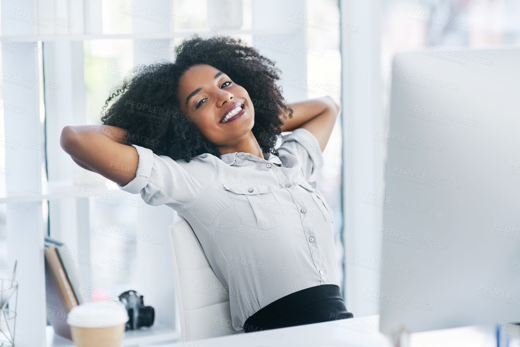 Buy stock photo Finish, portrait or happy businesswoman in office to relax for task achievement, good news or success. End, computer or consultant daydreaming with smile for resting, calm peace or stretching arms