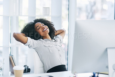 Buy stock photo Finish, relax or calm businesswoman with smile in office for task achievement, good news or success. End, break or happy consultant daydreaming with confidence for resting, peace or stretching arms