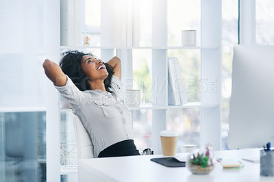 Buy stock photo End, thinking or happy businesswoman in office to relax for task achievement, good news or success. Finish, computer or consultant daydreaming with smile for resting, calm freedom or stretching arms