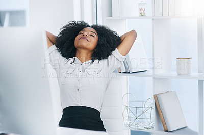 Buy stock photo Finish, calm or black woman with business in office for task achievement, good news or job done. End, relax or happy consultant with eyes closed or confidence for resting, break or stretching arms