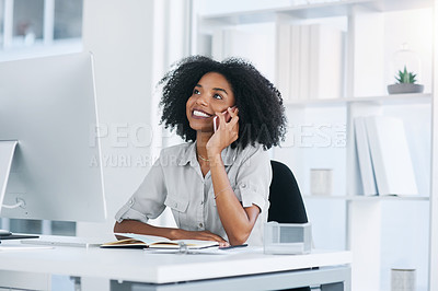 Buy stock photo Phone call, office and business with woman, smile and connection with conversation, planning and communication. Person, employee and insurance agent with cellphone, consulting and contact with app
