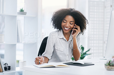 Buy stock photo Phone call, office and business with woman, writing notes and connection with diary, planning and communication. Person, reception and employee with smartphone, consulting and contact with journal
