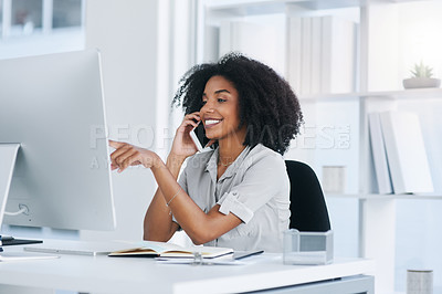 Buy stock photo Phone call, office and business with woman, computer and connection with conversation, online reading and communication. Person, employee and insurance consultant with cellphone, pc and planning