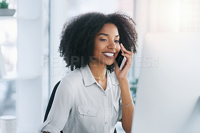 Buy stock photo Phone call, computer and business with woman, conversation and connection with contact, planning and communication. Person, employee and insurance agent with smartphone, consulting and digital app