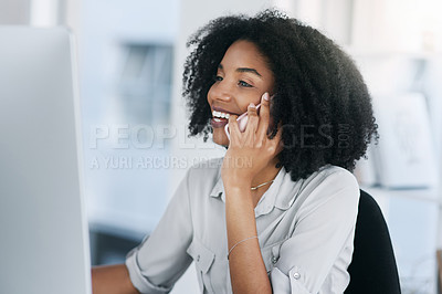 Buy stock photo Phone call, computer and business with woman, speaking and connection with planning, consulting and communication. Person, employee and insurance agent with cellphone, feedback and contact with smile