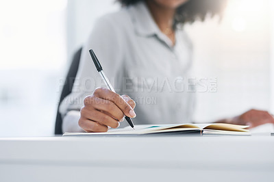 Buy stock photo Pen, hand and writing in notebook or planning, working and  office or journal, book or notes, record or research. Person, write and closeup on work, schedule or professional reminder and paper