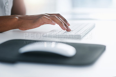 Buy stock photo Computer, keyboard and hands of business woman in office working on proposal, online document and project. Corporate, desk and closeup of worker with pc mouse for typing email, internet and research
