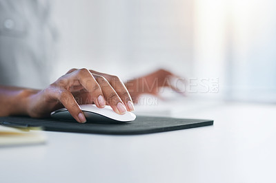 Buy stock photo Computer, mouse and hands of business woman in office working on proposal, online document and project. Corporate workplace, desk and closeup of worker with pc for typing email, internet and research