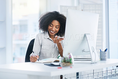 Buy stock photo Phone call, business and woman with computer, loudspeaker and connection with notebook, internet and planning. Person, employee and consultant with pc, writing and journal for schedule and deadline
