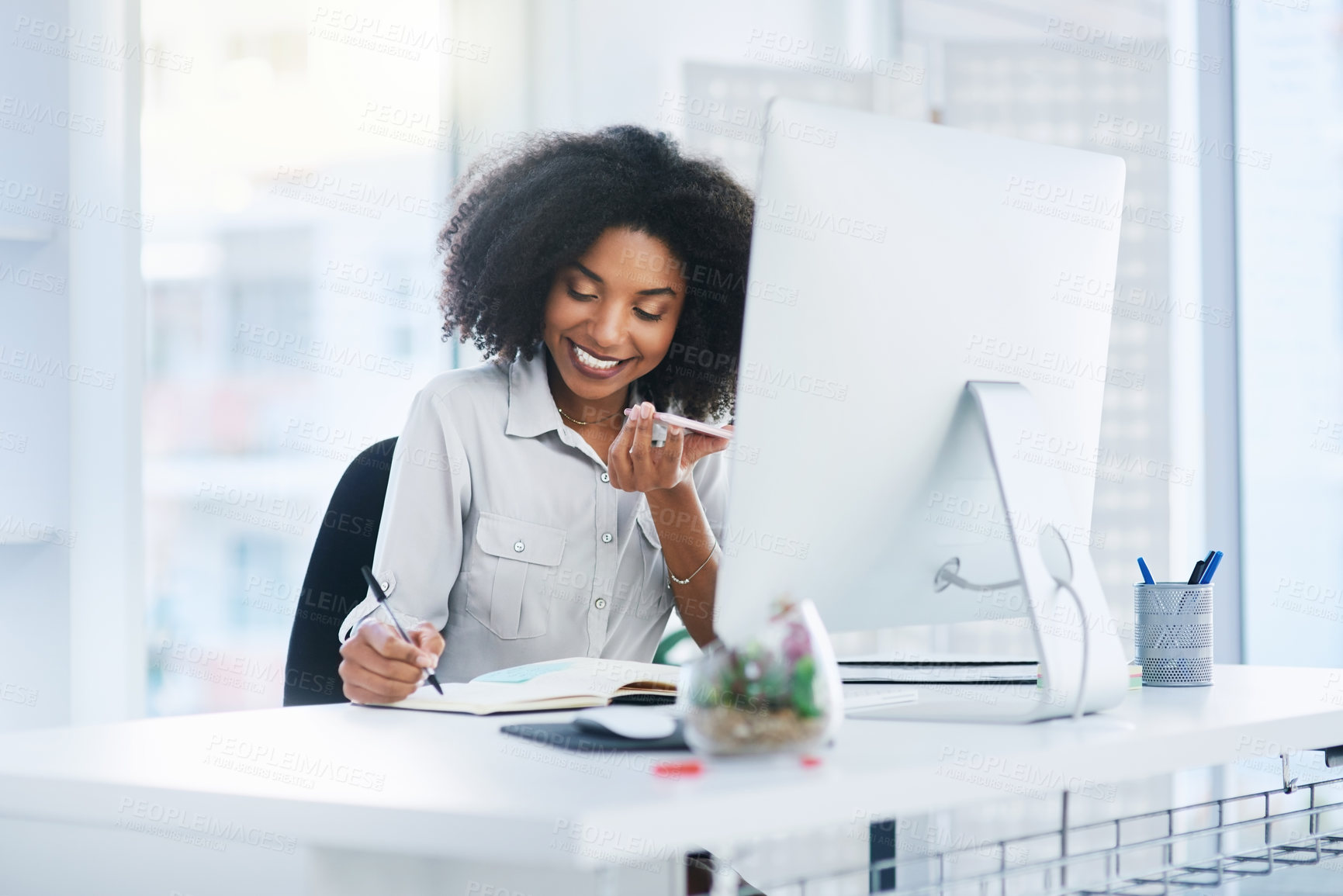 Buy stock photo Phone call, business and woman with computer, loudspeaker and connection with notebook, internet and planning. Person, employee and consultant with pc, writing and journal for schedule and deadline