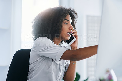 Buy stock photo Phone call, computer and business with woman, connection and planning with conversation, consultation or communication. Person, employee or insurance agent with cellphone, pc or speaking with contact