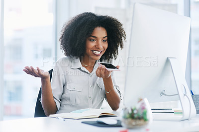 Buy stock photo Phone call, computer and business with woman, loudspeaker and connection with conversation, digital app and planning. PA, reception and secretary with smartphone, pc and journal with schedule or talk