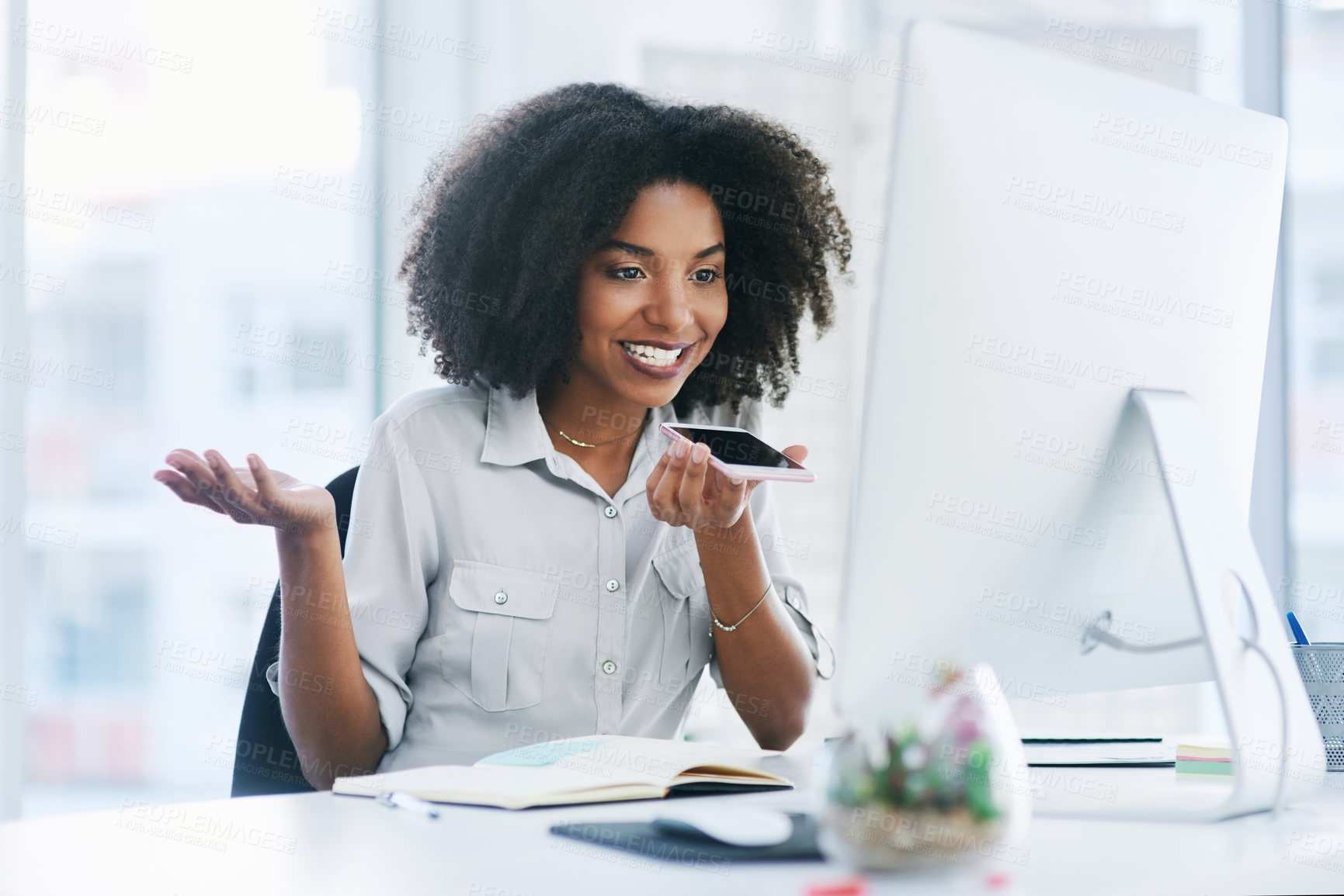 Buy stock photo Phone call, computer and business with woman, loudspeaker and connection with conversation, digital app and planning. PA, reception and secretary with smartphone, pc and journal with schedule or talk