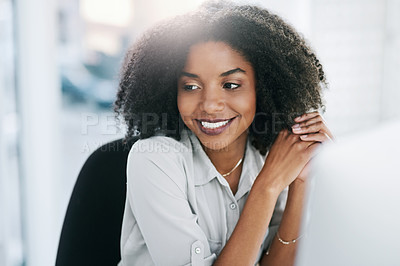 Buy stock photo Thinking, relax or businesswoman in startup for inspiration, ideas or future job in office on computer. Professional, happy or confident consultant daydreaming for decision, opportunity or choices