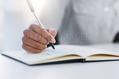 Buy stock photo Hand, pen and writing in notebook or planning, working and notes in journal, book or record for study or research. Person, write and closeup on work, communication or reminder and paper for school