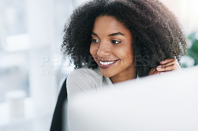 Buy stock photo Thinking, smile or businesswoman in startup for inspiration, ideas or future job in office on computer. Professional, happy or confident consultant daydreaming for decision, opportunity or choice