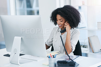 Buy stock photo Phone call, secretary or black woman in business for writing, contact or conversation for planning. PA, receptionist or sales agent with telephone, journal or diary for communication or appointment