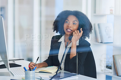 Buy stock photo Phone call, receptionist or black woman in business for writing, contact or computer for planning. PA, secretary or sales agent with telephone, journal or diary notes for communication or appointment