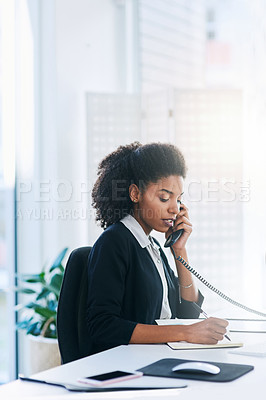 Buy stock photo Phone call, receptionist or black woman in office for writing, contact in business for planning. PA, secretary or sales agent with telephone, journal or diary notes for communication or appointment