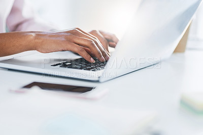 Buy stock photo Laptop, typing and hands of business woman in office working on proposal, online document and project. Corporate, computer and closeup of worker on keyboard for writing email, internet and research