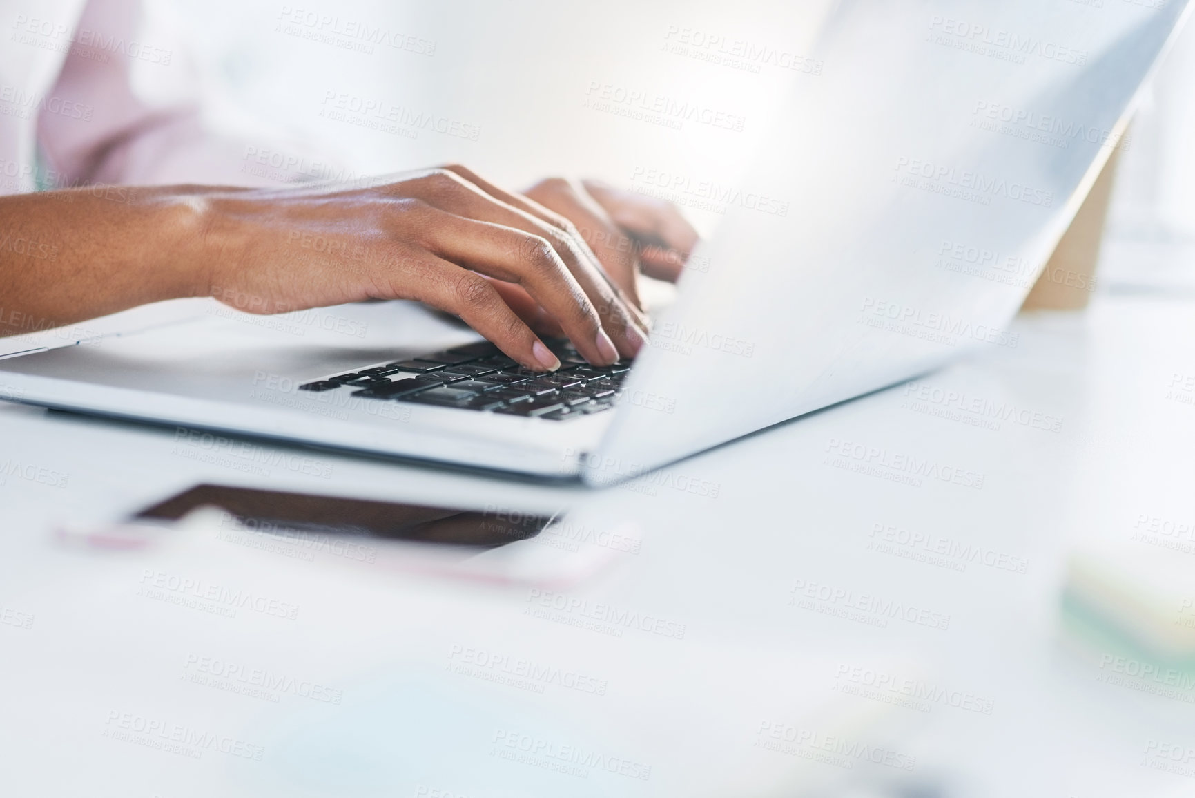 Buy stock photo Laptop, typing and hands of business woman in office working on proposal, online document and project. Corporate, computer and closeup of worker on keyboard for writing email, internet and research