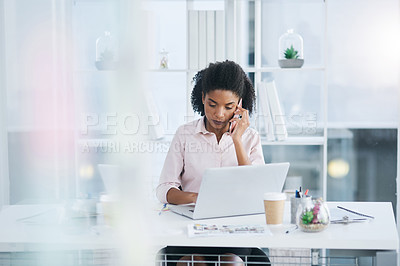 Buy stock photo Business, laptop and woman with phone call in office for research, communication and idea for article. Creative, company and journalist with technology for planning, online news and digital report