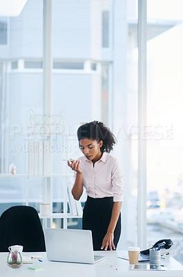 Buy stock photo Phone call, laptop and business with woman, loudspeaker and connection with conversation, planning and network. Employee, agent and consultant with smartphone, computer and internet with digital app