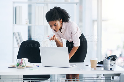 Buy stock photo Phone call, laptop and business with woman, loudspeaker and connection with conversation, digital app and planning. Recording, employee and agent with cellphone, computer and research with contact