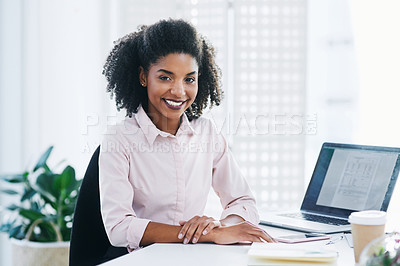 Buy stock photo Portrait, office and woman in laptop, smile and research for project, planning and schedule. Face, employee and consultant with computer, internet or network with deadline, review or insurance agency