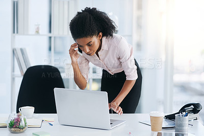 Buy stock photo Laptop, business or black woman in phone call in schedule planning, discussion or conversation at office. Listen, mobile or African consultant talking for tech startup or project ideas at workplace