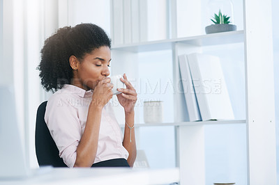 Buy stock photo Office, business and woman with coffee, relax and corporate professional with peace, break and smelling. Person, employee and consultant with morning tea, thinking and insurance agent in workplace