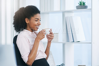 Buy stock photo Thinking, business and woman with coffee, relax and corporate professional with smile, aroma and smelling. Insurance agent, employee and consultant with morning tea, peace and cappuccino in workplace