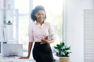 Buy stock photo Portrait, business and woman with tablet, office and research for project, career ambition and feedback. Face, agent and consultant with tech, smile and network with deadline, confident or planning