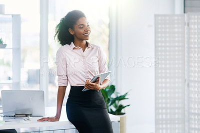 Buy stock photo Business, thinking and happy woman with tablet in office for planning, memory or progress, pride and reflection. Digital, app and African manager waiting with consulting, service or b2b appointment