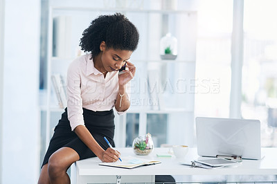 Buy stock photo Phone call, business and woman writing, office and journal with conversation, planning and communication. Person, employee or agent with cellphone, consulting or contact with notebook or confirm date