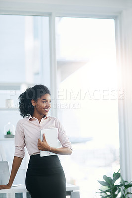 Buy stock photo Business, thinking and proud woman with tablet in office for planning, memory or progress, pride and reflection. Digital, app and African manager waiting with consulting, service or b2b appointment