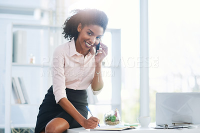Buy stock photo Portrait, receptionist or black woman in phone call for writing, contact in business for planning. PA, secretary or happy agent with mobile, journal or diary notes for communication or appointment