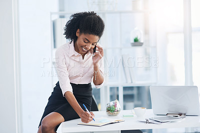 Buy stock photo Phone call, secretary and business with woman writing, contact and connection with conversation, planning and communication. PA, receptionist or insurance agent with cellphone, journal or digital app