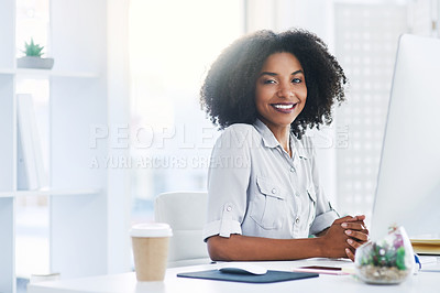 Buy stock photo Portrait, business and woman in computer, internet and research for project, website info and feedback. Face, employee and consultant with pc, smile and network with deadline, schedule or online news